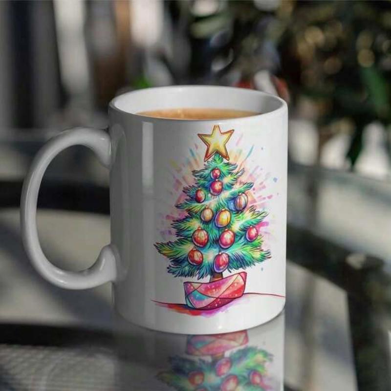 Tailorly White Ceramic 11 oz Mug - Watercolor Illustration Of A Festive Holiday Ornamented Sparkling Golden Star Topped Tree