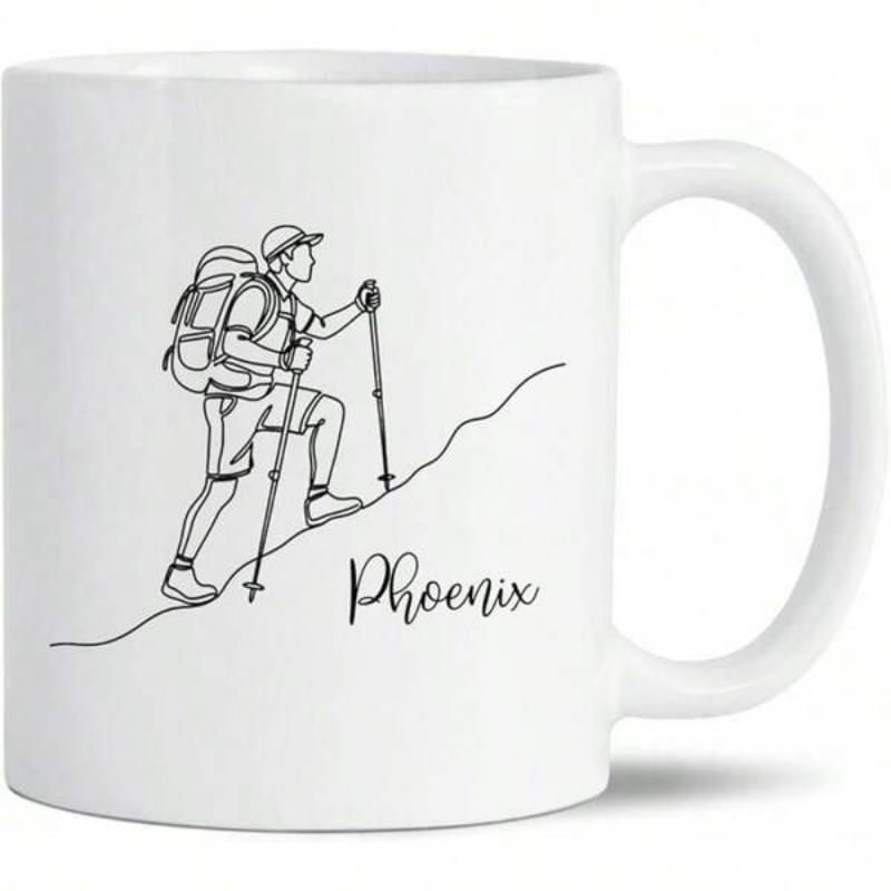 Tailorly White Ceramic 11 oz Mug - Phoenix Minimalist Line Art Silhouette Of Adventurer Climbing Steep Mountain Slope Hiker