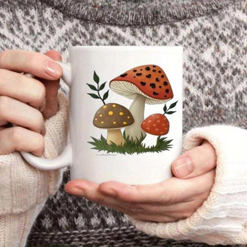 Tailorly White Ceramic 11 oz Mug - Vibrant Red And Brown Mushrooms Growing In Lush Green Grass With Leaves Mushroom