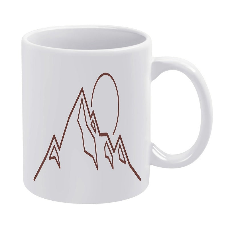 Tailorly White Ceramic 11 oz Mug - Minimalist Linear Design Showing Abstract Peaks Behind A Rising Morning Sun Mountain