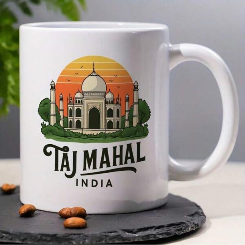 Tailorly White Ceramic 11 oz Mug - Taj Mahal India Majestic White Marble Building Standing Among Lush Trees Under Glowing Sunset Taj Mahal