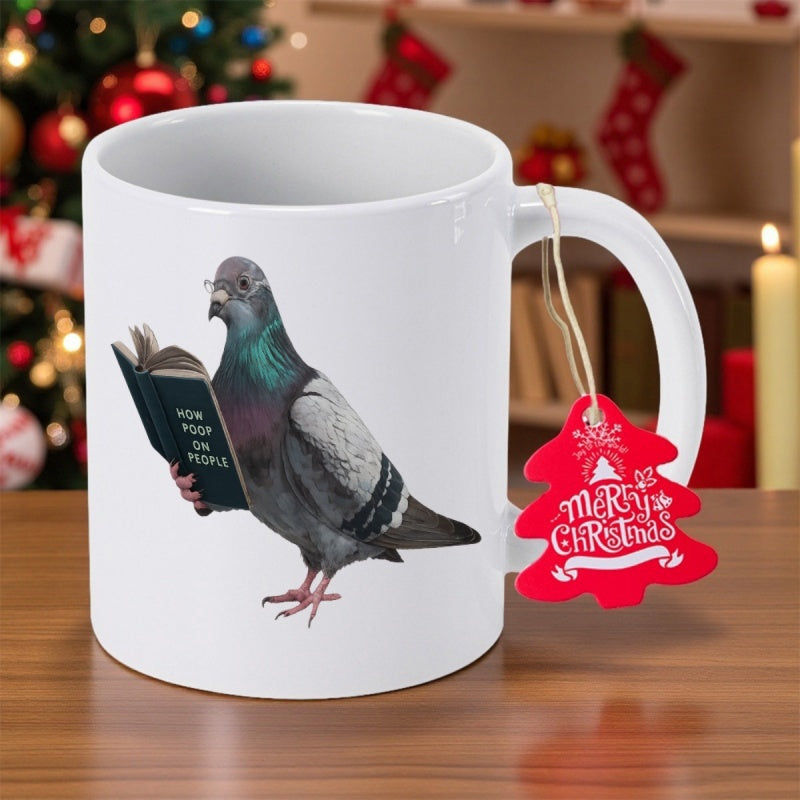 Tailorly White Ceramic 11 oz Mug - How To Poop On People Realistic Intelligent Bird Wearing Glasses Reading A Funny Guide Book Pigeon