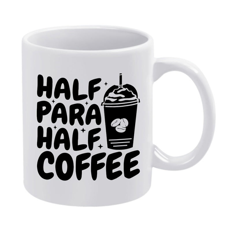 Tailorly White Ceramic 11 oz Mug - Half Para Half Coffee Minimalist Black Illustration Depicting A Frothy Takeaway Beverage Container With Beans Coffee