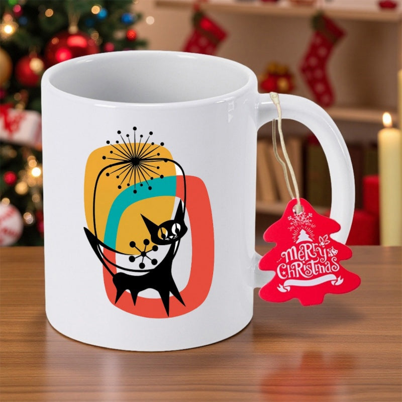 Tailorly White Ceramic 11 oz Mug - Mid Century Modern Atomic Style With Retro Abstract Shapes And Burst Cat