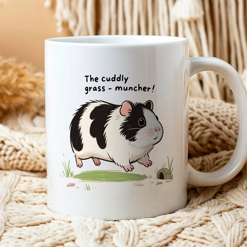 Tailorly White Ceramic 11 oz Mug - The Cuddly Grass Muncher Adorable Black And White Furry Pet Standing Over Green Grass Patch Guinea Pig