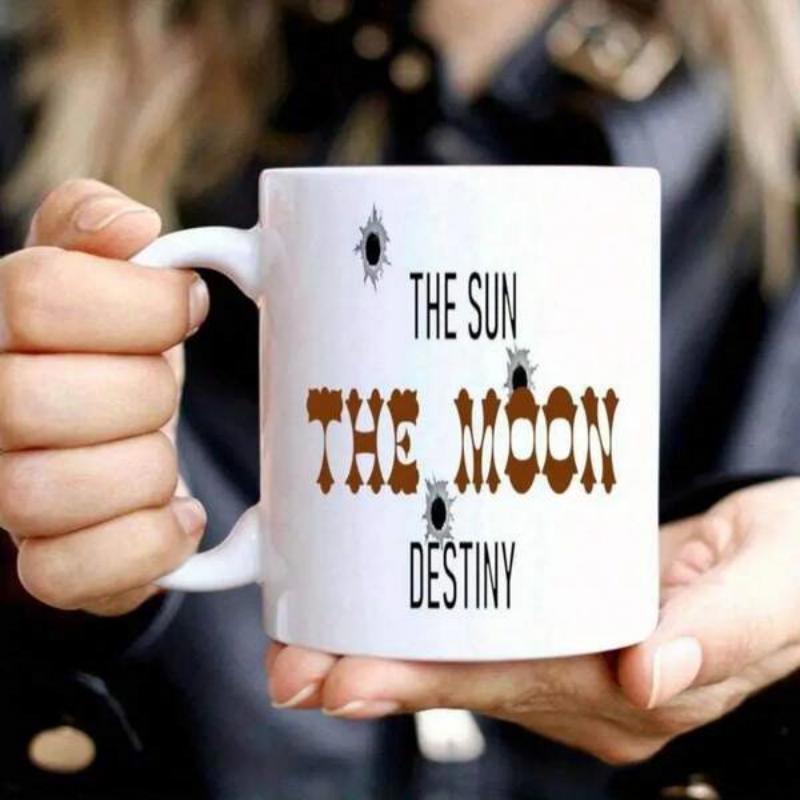 Tailorly White Ceramic 11 oz Mug - The Sun The Moon Destiny Minimalist Typography Design With Stylized Brown Lettering And Black Starburst Pattern