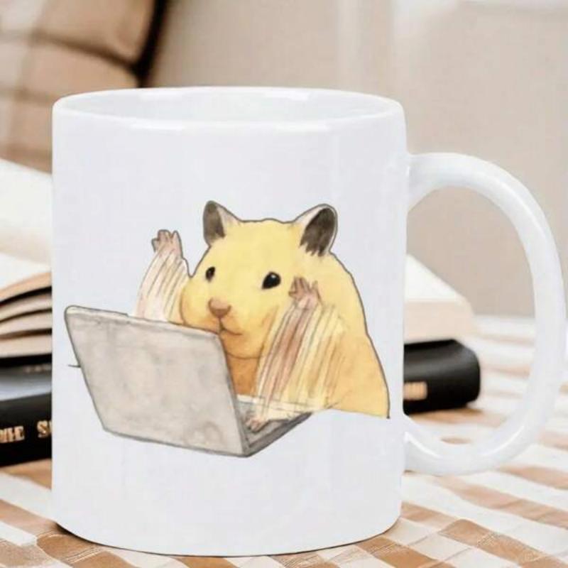 Tailorly White Ceramic 11 oz Mug - Charming Little Golden Rodent Typing On A Tiny Portable Computer Hamster