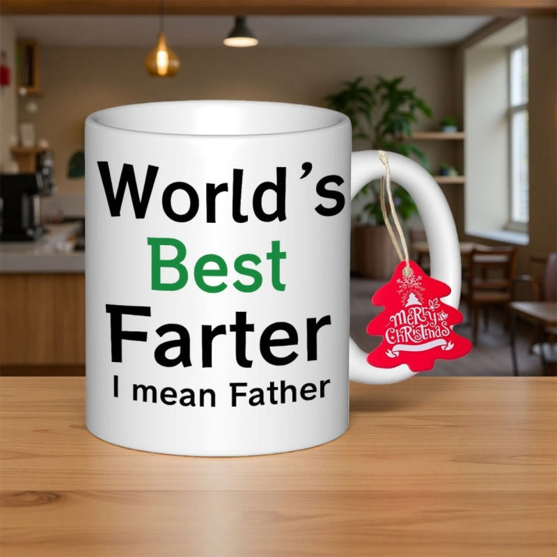 Tailorly White Ceramic 11 oz Mug - Worlds Best Farter I Mean Father Clean White Ceramic Body Featuring Bold Black And Green Printed Typography Mug
