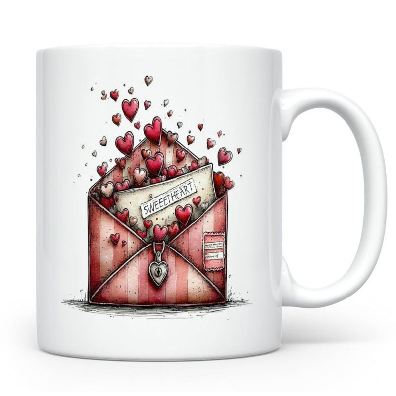 Tailorly White Ceramic 11 oz Mug - Sweet Heart Red And Pink Floating Hearts Exploding From A Vintage Striped Envelope