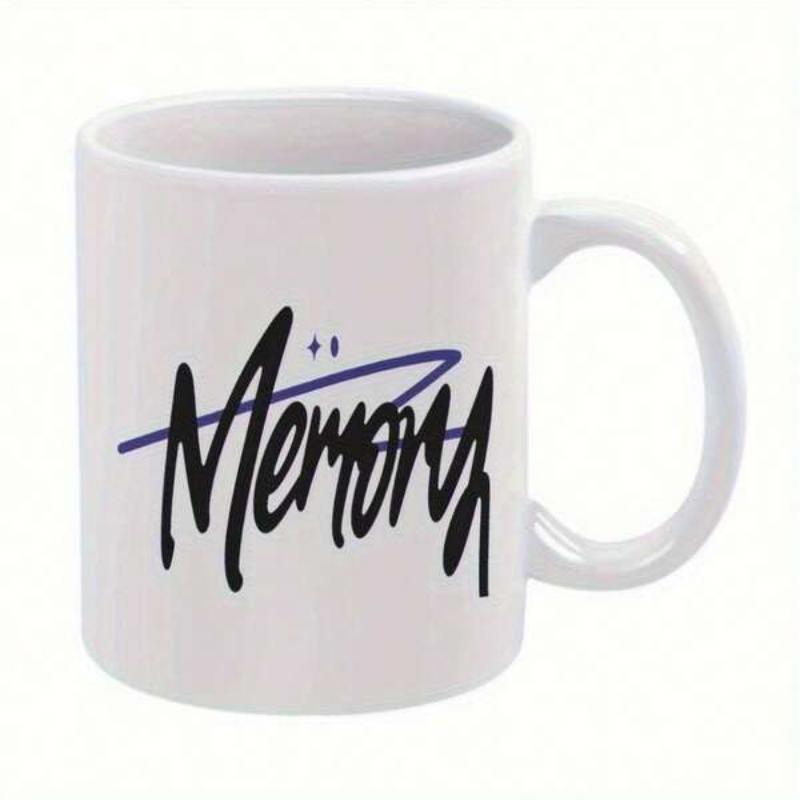 Tailorly White Ceramic 11 oz Mug - Memory Hand Written Script Style With Purple Abstract Linear Decorative Accent Elements Mug