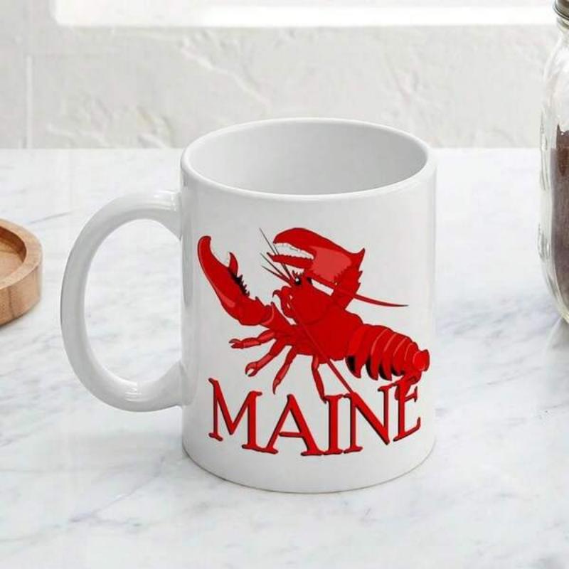 Tailorly White Ceramic 11 oz Mug - Maine Vibrant Red Nautical Shellfish Graphic Inspired By Coastal Atlantic Ocean Lobster