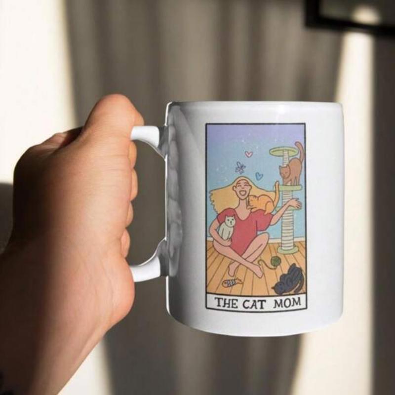 Tailorly White Ceramic 11 oz Mug - The Cat Mom Illustrative Tarot Card Design With Woman And Playful Kittens Cat