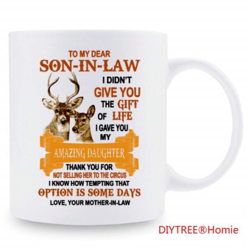 Tailorly White Ceramic 11 oz Mug - To My Dear Son In Law Majestic Pair Of Forest Animals Standing Beside Heartfelt Message Deer