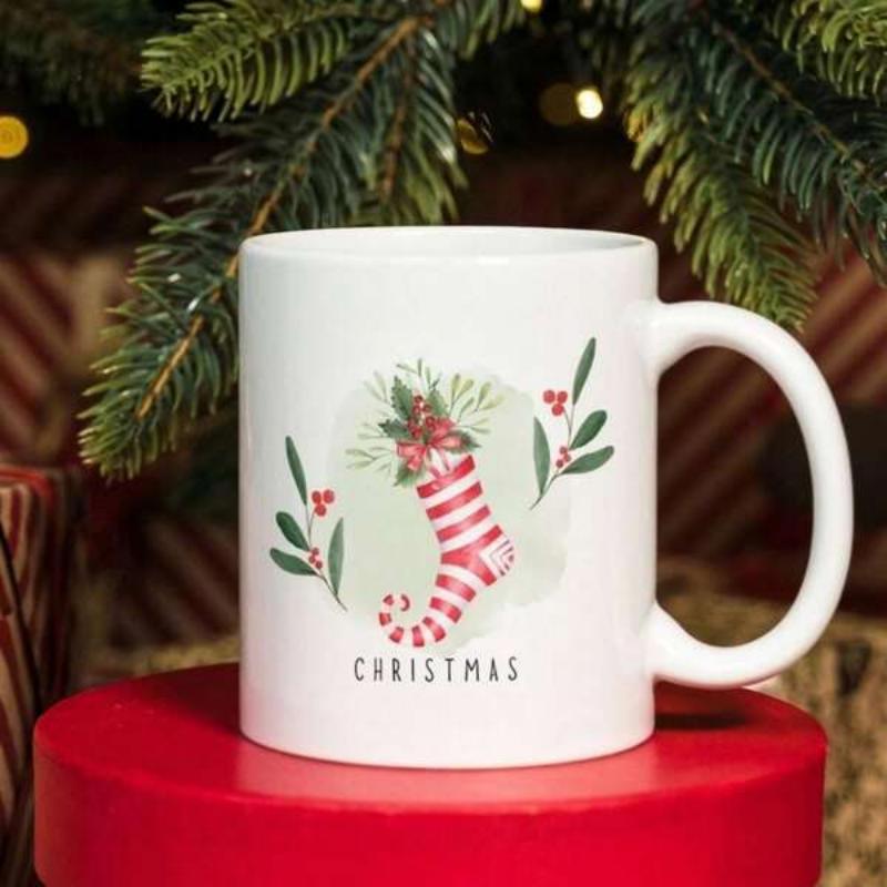 Tailorly White Ceramic 11 oz Mug - Christmas Festive Red And White Striped Hanging Decoration With Berries And Holly Stocking