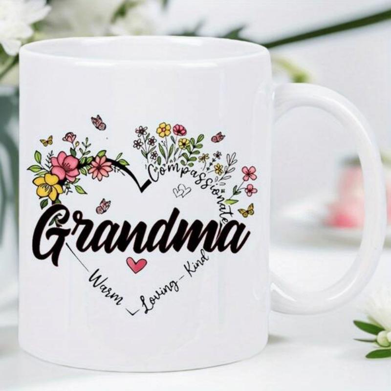 Tailorly White Ceramic 11 oz Mug - Grandma Compassionate Warm Loving Kind Beautiful Vibrant Spring Flowers Arranged In A Heart Shape With Butterflies Heart