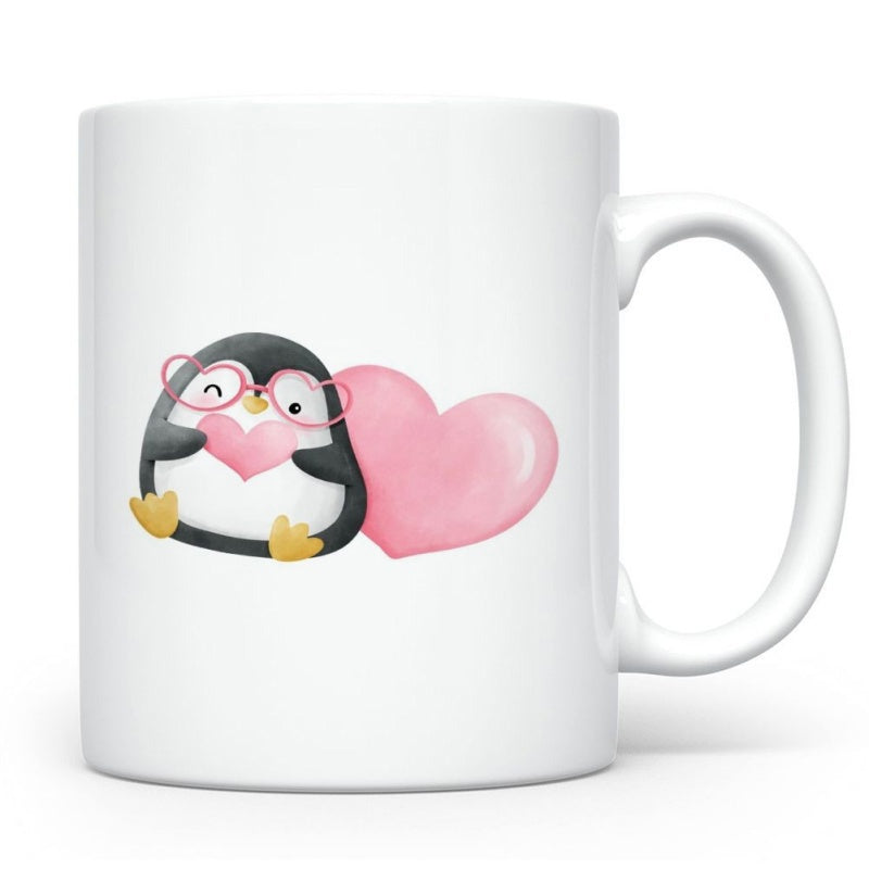 Tailorly White Ceramic 11 oz Mug - Adorable Small Penguin Wearing Pink Glasses Beside A Large Soft Heart Penguin