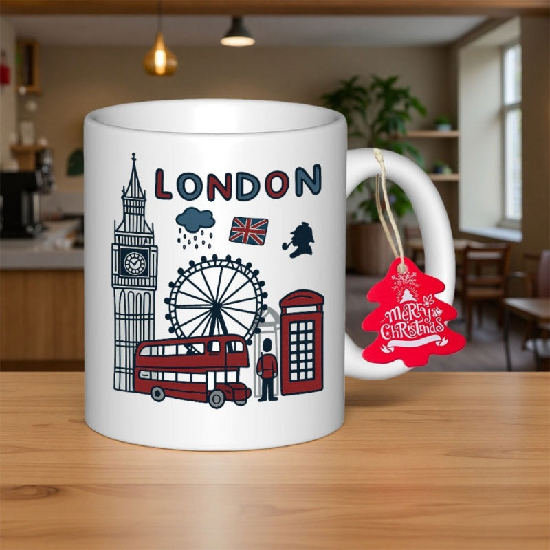 Tailorly White Ceramic 11 oz Mug - London Vibrant Cartoon Illustrations Showcasing Iconic Red Bus And Big Ben Tower Cityscape