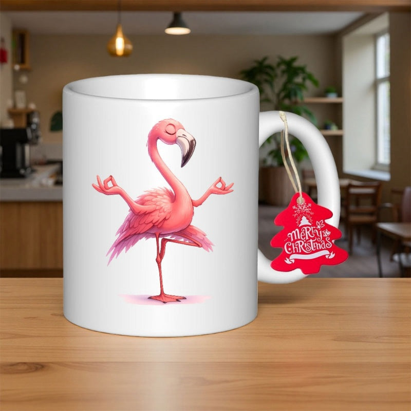 Tailorly White Ceramic 11 oz Mug - Merry Christmas Graceful Pink Bird Balancing On One Leg Performing Meditative Yoga Flamingo