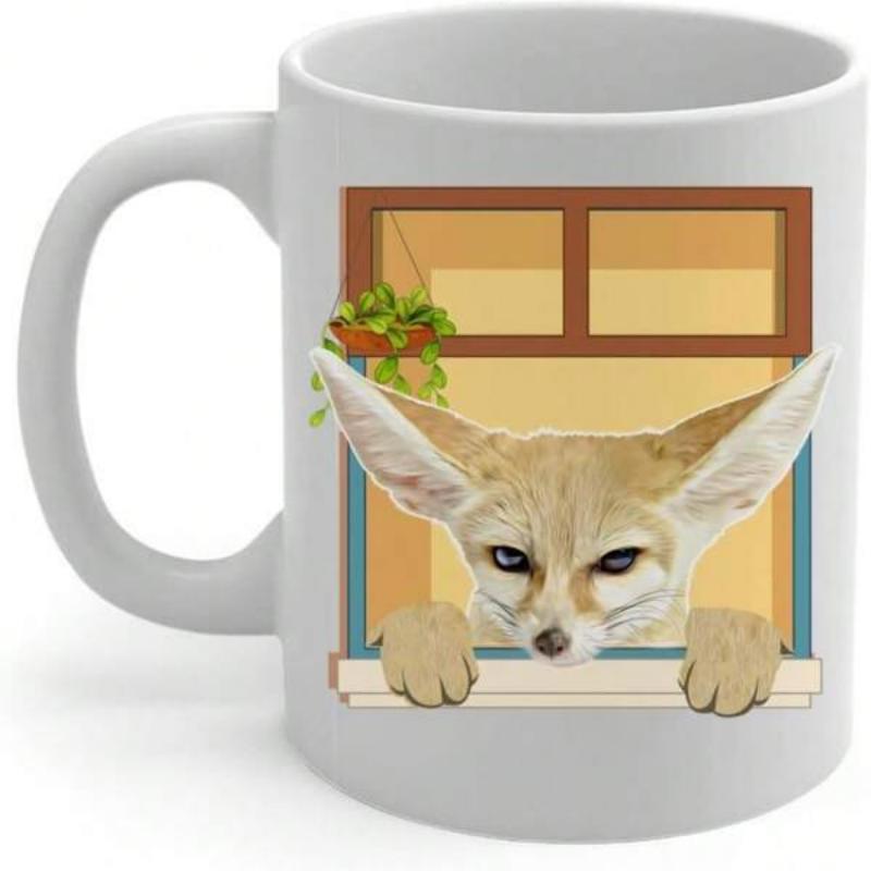 Tailorly White Ceramic 11 oz Mug - Cute Little Desert Animal Peeking Over A Wooden Window Sill Fox
