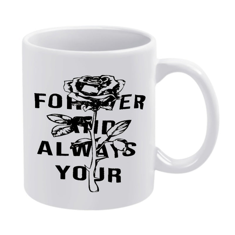 Tailorly White Ceramic 11 oz Mug - Forever And Always Your Elegant Hand Drawn Black Sketch Among Delicate Petals And Leaves Rose