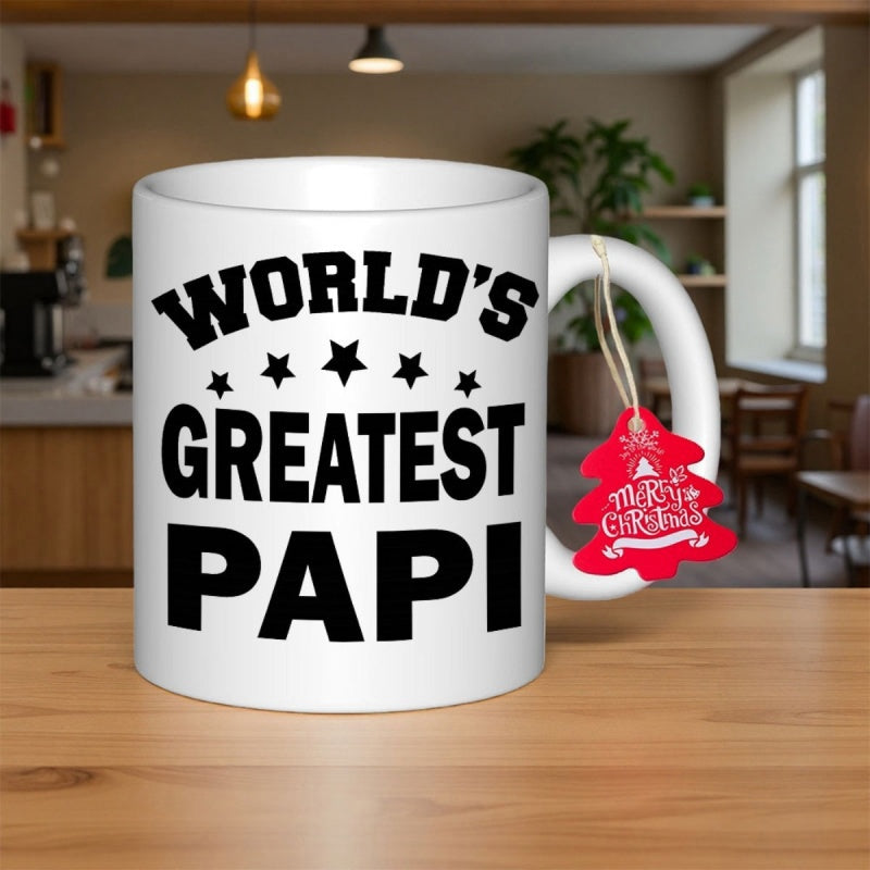 Tailorly White Ceramic 11 oz Mug - Worlds Greatest Papi Polished Ceramic Surface With Bold Black Typography And Five Centered Stars Mug