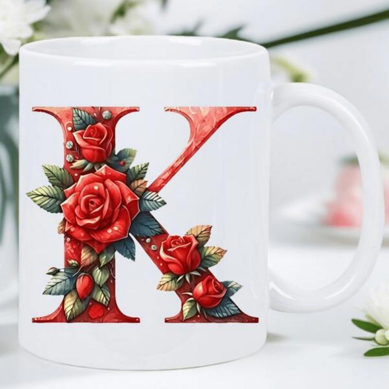 Tailorly White Ceramic 11 oz Mug - K Elegant Red Roses With Lush Green Leaves Decorating A Bold Letter