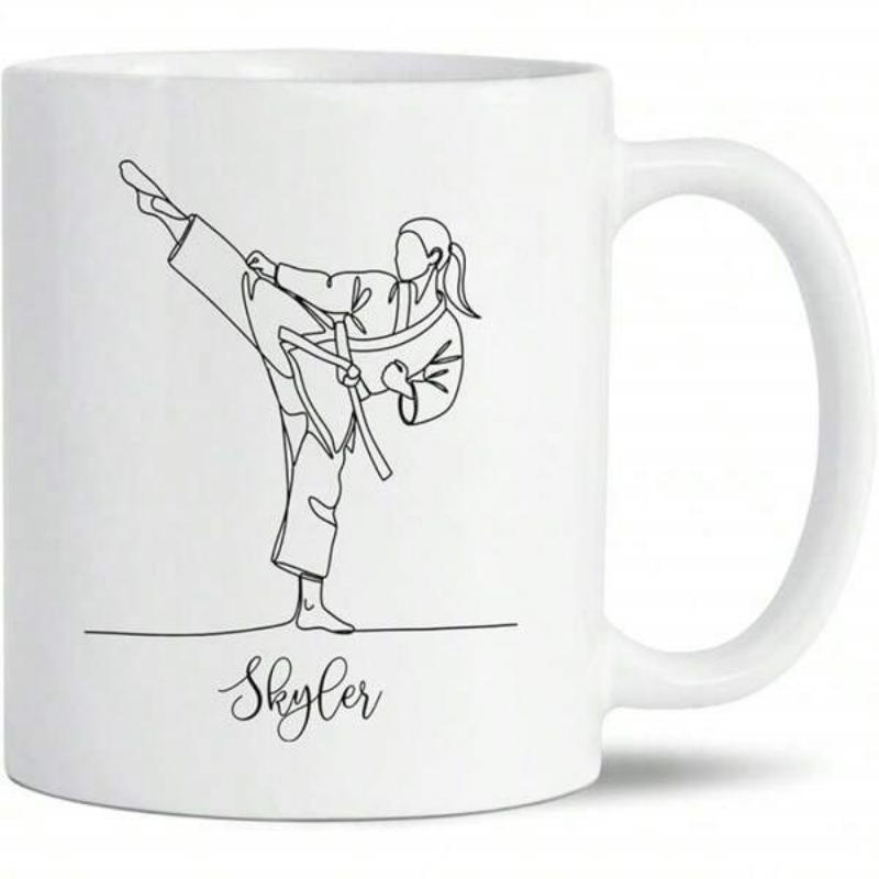 Tailorly White Ceramic 11 oz Mug - Skyler Elegant Minimalist Line Art Of Woman Performing Karate Martial Artist