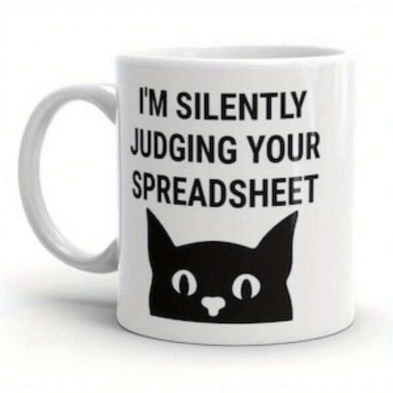 Tailorly White Ceramic 11 oz Mug - Im Silently Judging Your Spreadsheet Curious Peeking Black Feline Silhouette With Large Expressive Eyes Cat