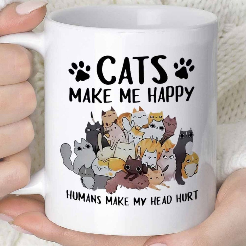 Tailorly White Ceramic 11 oz Mug - Cats Make Me Happy Humans Make My Head Hurt Cuddly Group Of Diverse Colorful Cartoon Kittens Huddled Together Joyfully Cat