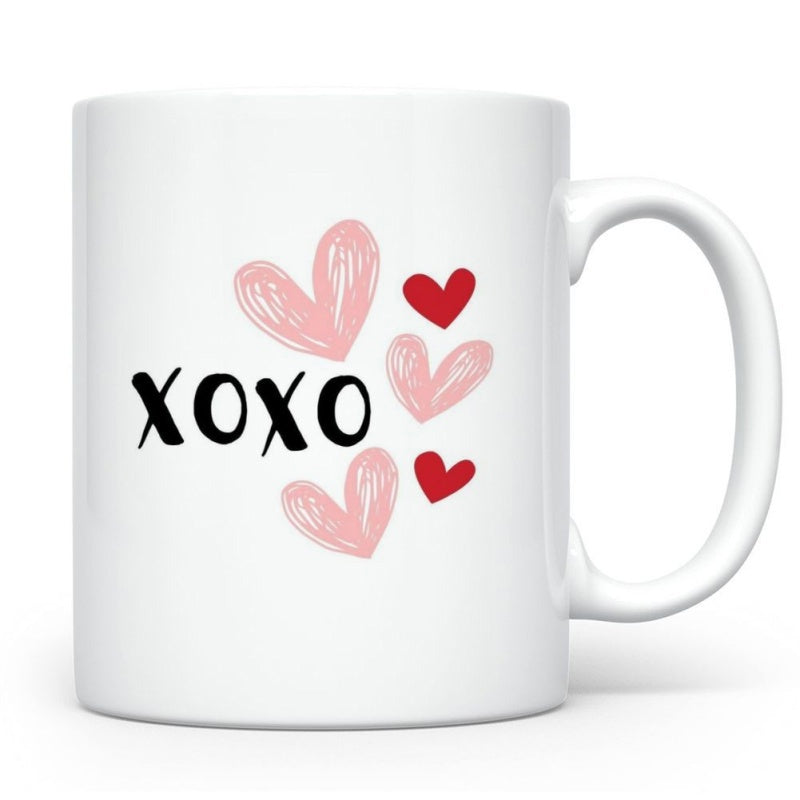 Tailorly White Ceramic 11 oz Mug - Xoxo Multiple Artistic Pink And Red Hearts Arranged Beside Handwritten Script Heart