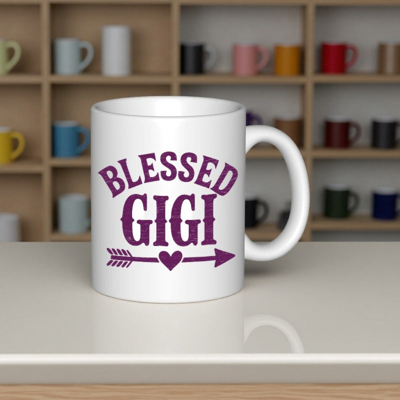 Tailorly White Ceramic 11 oz Mug - Blessed Gigi Stylized Purple Typography Featuring An Ornamental Arrow With Central Heart Graphic Mug