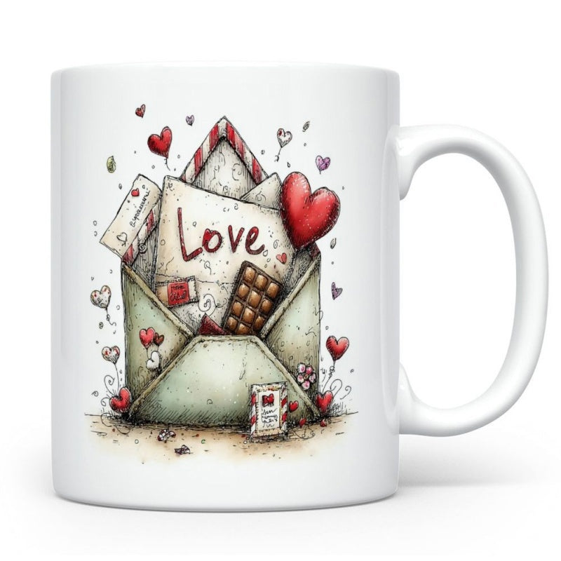 Tailorly White Ceramic 11 oz Mug - Love Romantic Open Paper Filled With Floating Hearts And Sweet Chocolate Envelope