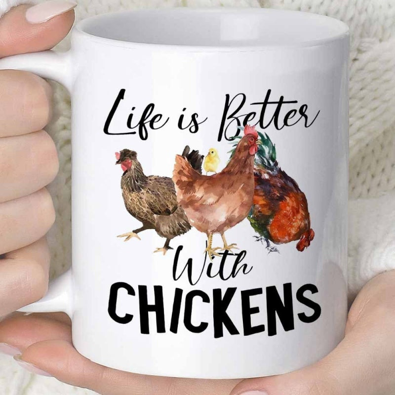 Tailorly White Ceramic 11 oz Mug - Life Is Better With Chickens Graceful Hand Painted Watercolor Farm Poultry Standing On A White Background Chicken