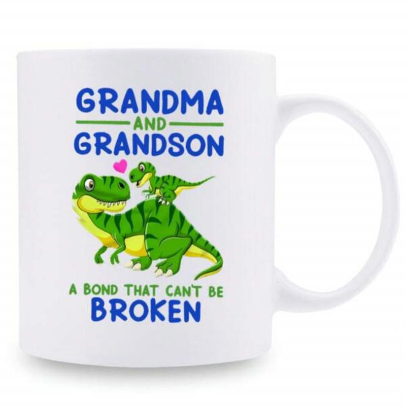 Tailorly White Ceramic 11 oz Mug - Grandma And Grandson A Bond That Cant Be Broken Cute Green Striped Dinosaurs Sharing A Moment Of Love Dinosaur