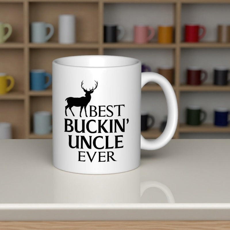 Tailorly White Ceramic 11 oz Mug - Best Buckin Uncle Ever Majestic Silhouette Standing Tall Amidst Bold Typography With Antlers Reaching Upward Deer