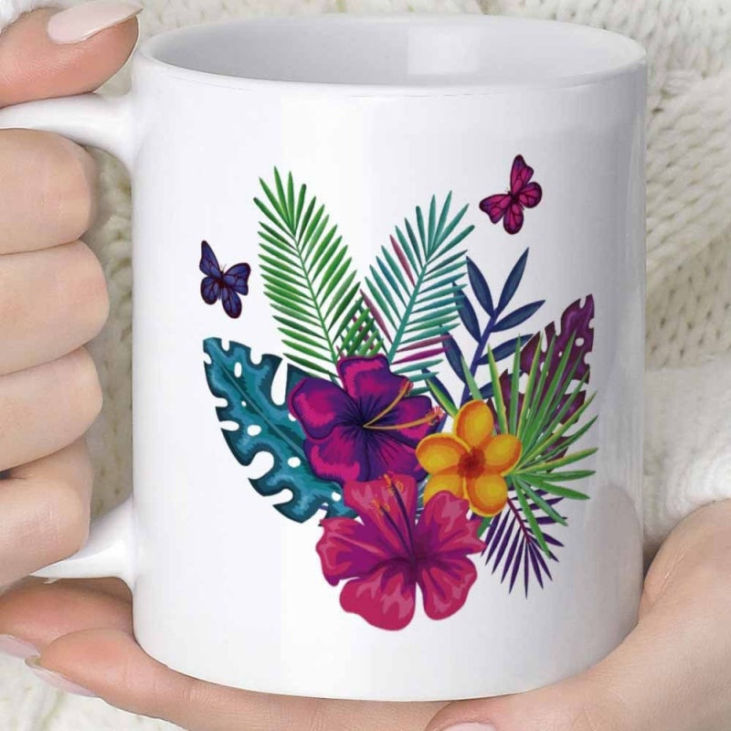 Tailorly White Ceramic 11 oz Mug - Lush Vibrant Tropical Flowers With Butterflies Fluttering Around Exotic Leaves Flower