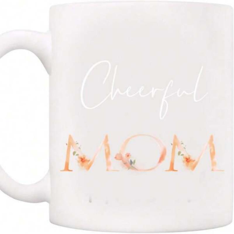 Tailorly White Ceramic 11 oz Mug - Cheerful Mom Elegant Floral Accents Arranged Inside Decorative Watercolor Styled Letters Mug