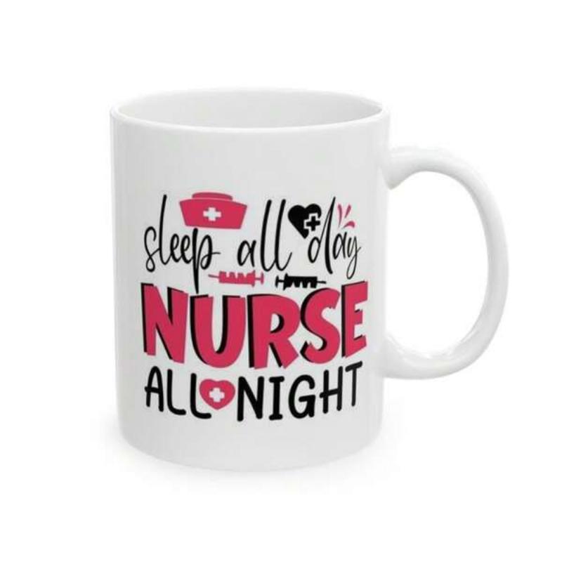 Tailorly White Ceramic 11 oz Mug - Sleep All Day Nurse All Night Pink Medical Cap With Syringes And Hearts In Medical Theme Mug