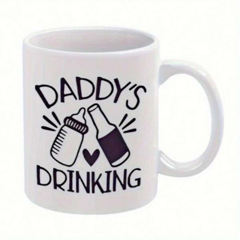 Tailorly White Ceramic 11 oz Mug - Daddy's Drinking Stylized Graphic Featuring Baby Bottle Clinking With A Beer Bottle