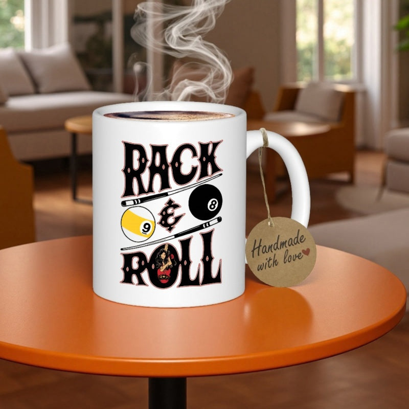 Tailorly White Ceramic 11 oz Mug - Rack Roll Vintage Stylized Lettering Among Crossed Cues With Eight And Nine Ball Billiard