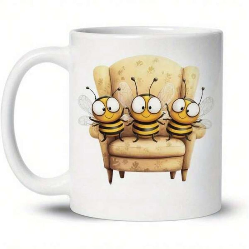 Tailorly White Ceramic 11 oz Mug - Three Cute Little Cartoon Bumblebees Resting Together On A Cozy Soft Armchair Bees