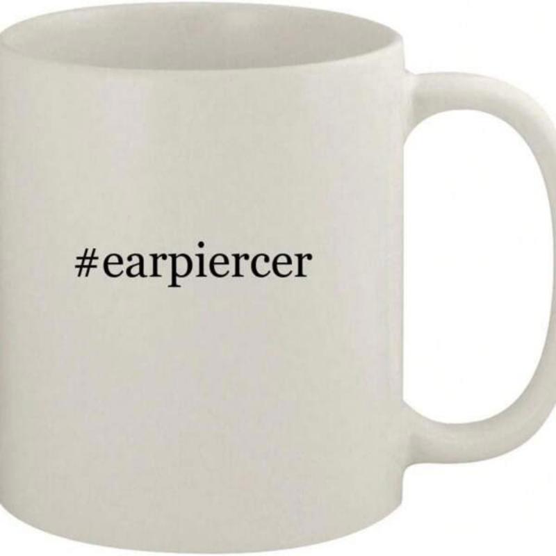 Tailorly White Ceramic 11 oz Mug - Earpiercer Sleek White Ceramic Texture Featuring Minimalist Black Printed Script Text Mug
