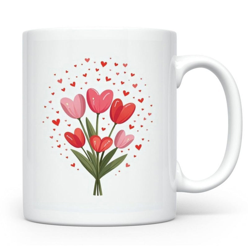 Tailorly White Ceramic 11 oz Mug - Vibrant Heart Shaped Blooms Arranged In A Romantic Bouquet With Floating Tiny Hearts Flower