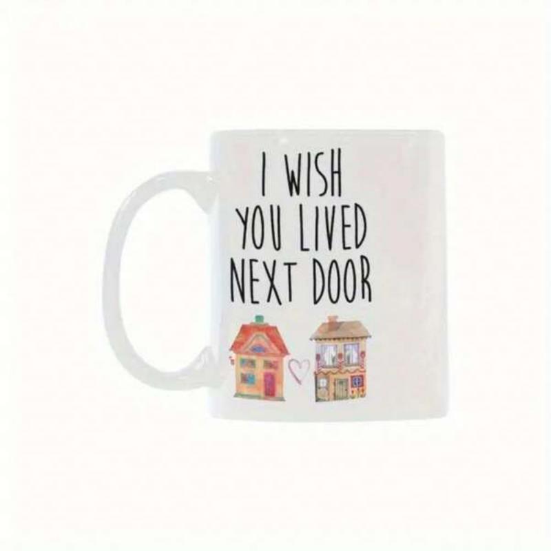 Tailorly White Ceramic 11 oz Mug - I Wish You Lived Next Door Two Charming Little Cottages Connected By A Delicate Pink Heart House