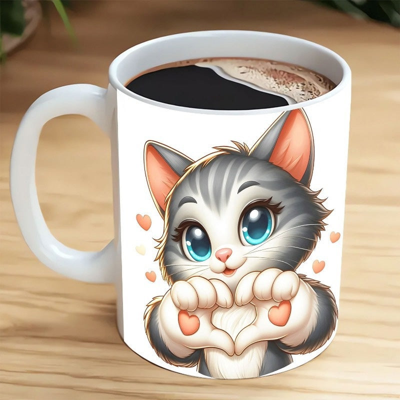 Tailorly White Ceramic 11 oz Mug - Adorable Grey Striped Feline With Large Blue Eyes Making A Heart Shape Kitten