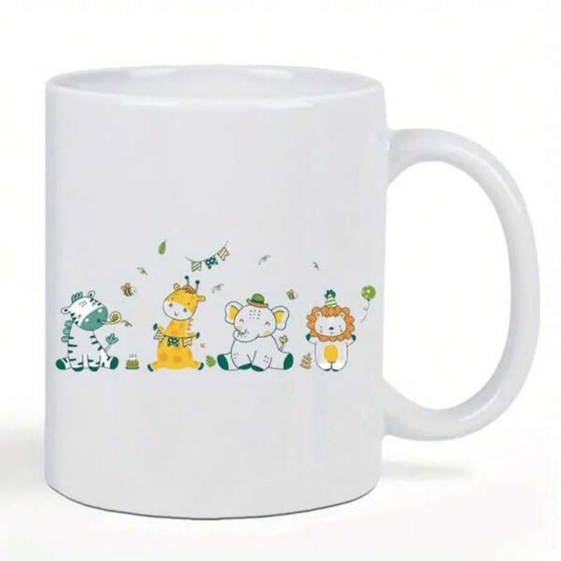 Tailorly White Ceramic 11 oz Mug - Playful Cartoon Safari Creatures Sitting Together Celebrating With Colorful Bunting Flags Animals