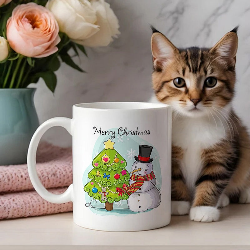 Tailorly White Ceramic 11 oz Mug - Merry Christmass Hand Drawn Decorated Holiday Tree With A Scarf Wearing Cartoon Snowman