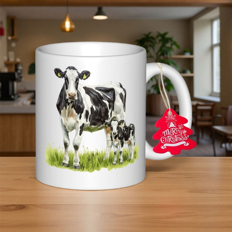 Tailorly White Ceramic 11 oz Mug - Merry Christmas Realistic Holstein Mother Cow And Calves Grazing On Green Meadow Cow