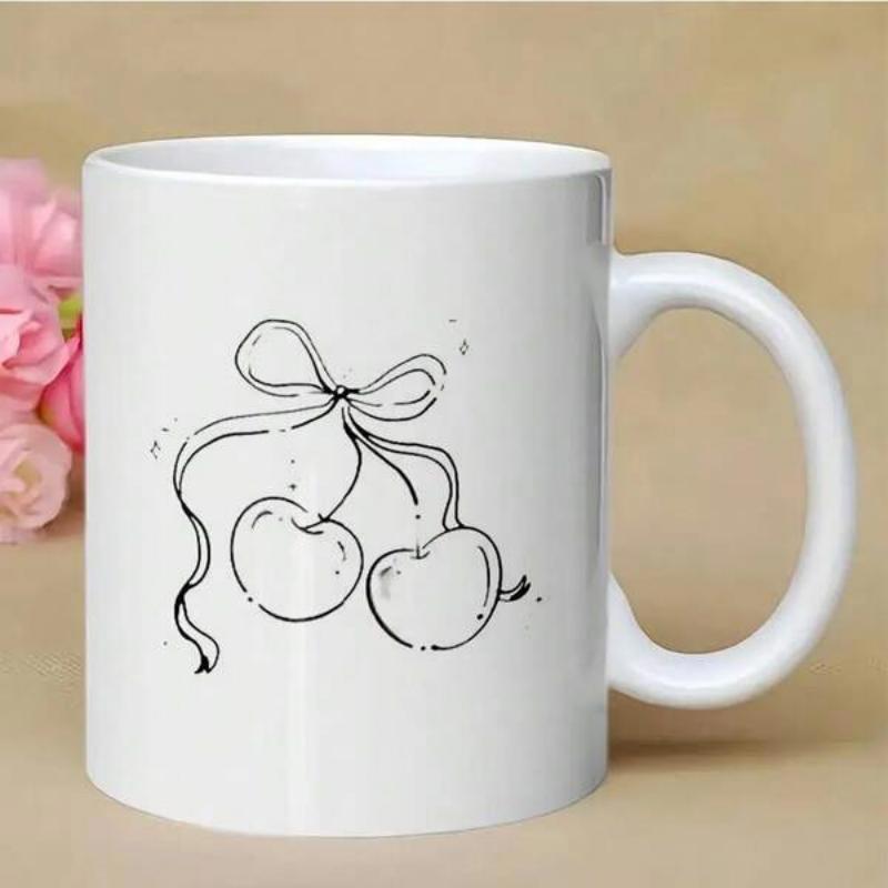 Tailorly White Ceramic 11 oz Mug - Minimalist Black Line Drawing Of Sweet Fruits Tied With Elegant Ribbon Cherry