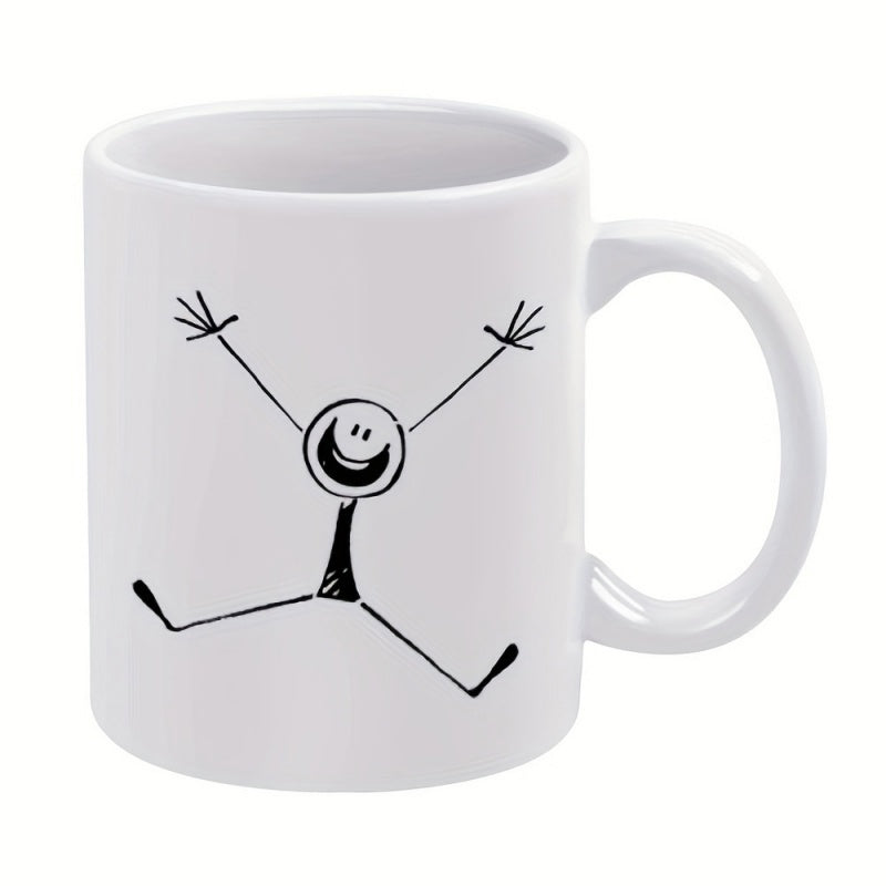 Tailorly White Ceramic 11 oz Mug - Simple Hand Drawn Jumping Graphic With Wide Open Arms And Happy Face Stick Figure